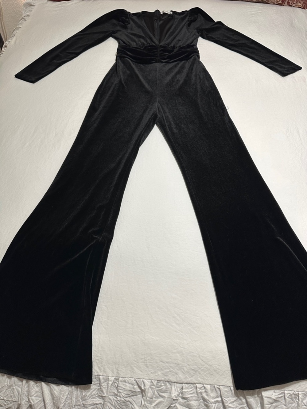 Zara Black Velvet Long-Sleeve Wide-Leg Jumpsuit